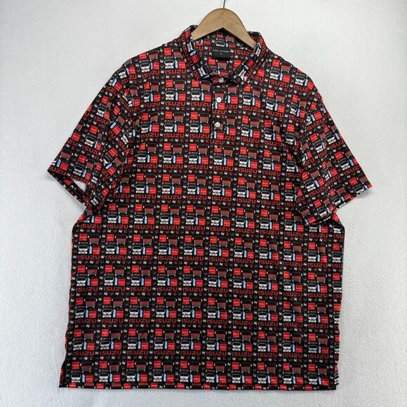 Fore Fathers Polo Shirt Men's XL Black Red Isuzu All over Golf Tech Geometric - Picture 2 of 9